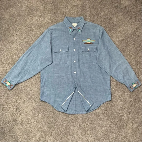 1970s Men's Blue South Western Native Embroidered Chambray Shirt - Picture 2 of 8